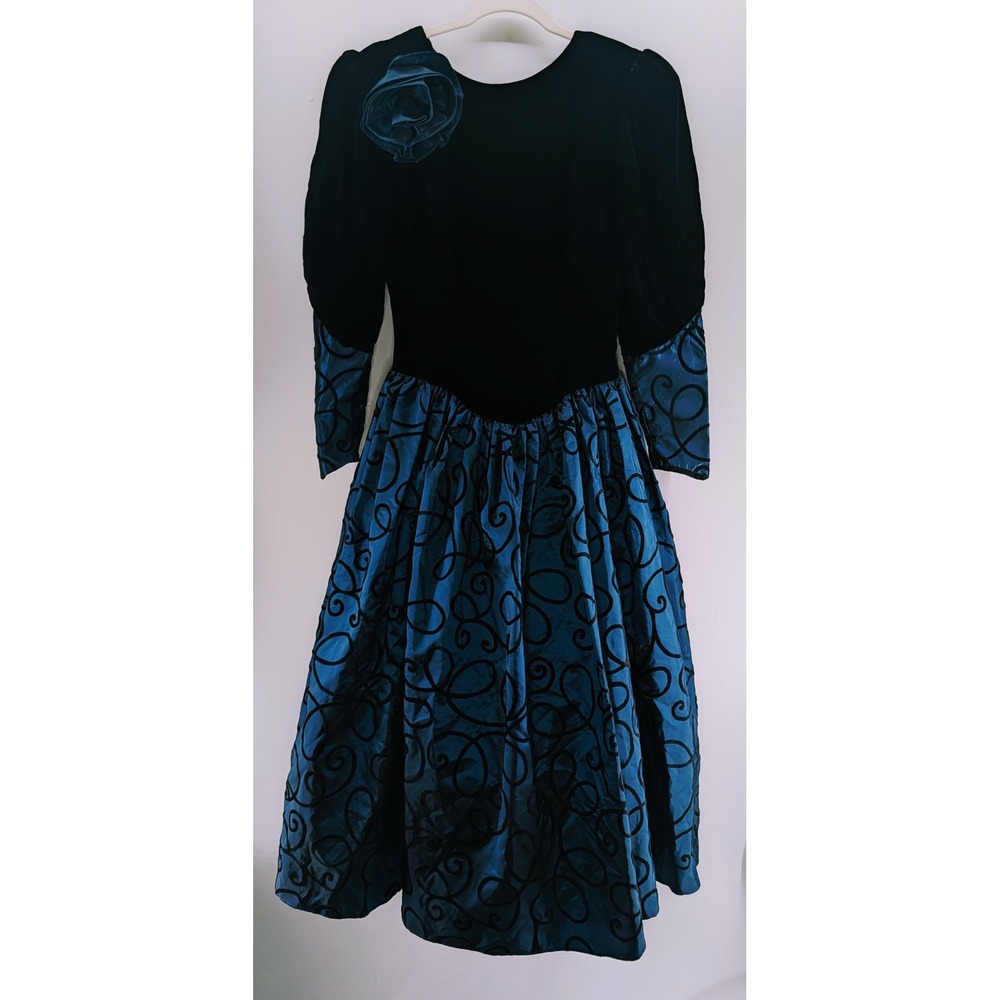 Vintage Jessica McClintock Velvet Taffeta Dress Blue Black Rose Formal Size 6